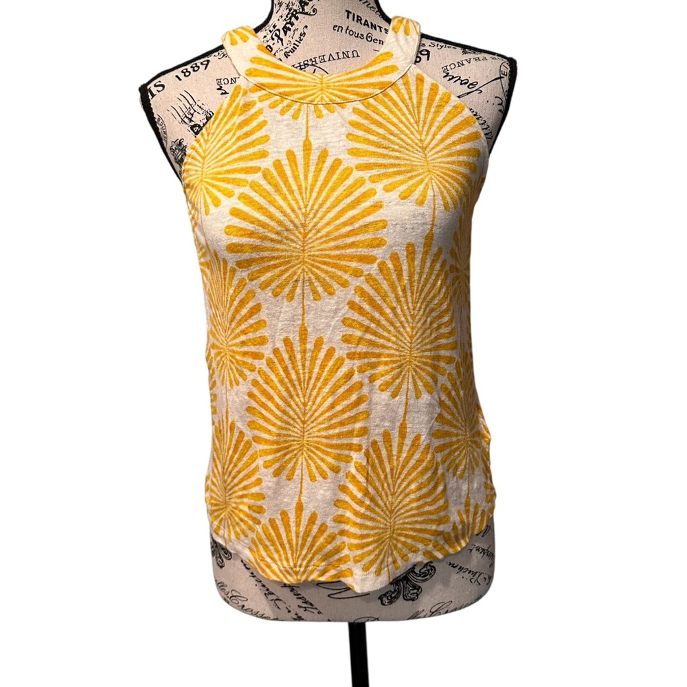 Joie Yellow 100% Linen Sleeveless Halter Style Tropical Palm Print Tank - Size S
